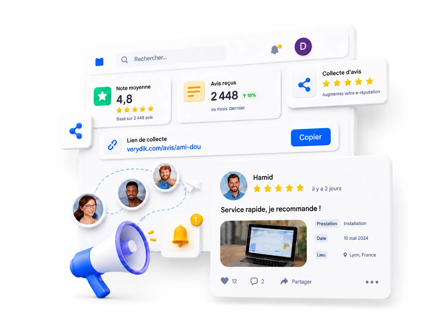 Interface Verydik de collecte d’avis : note moyenne, avis reçus, lien de collecte à partager et derniers avis clients