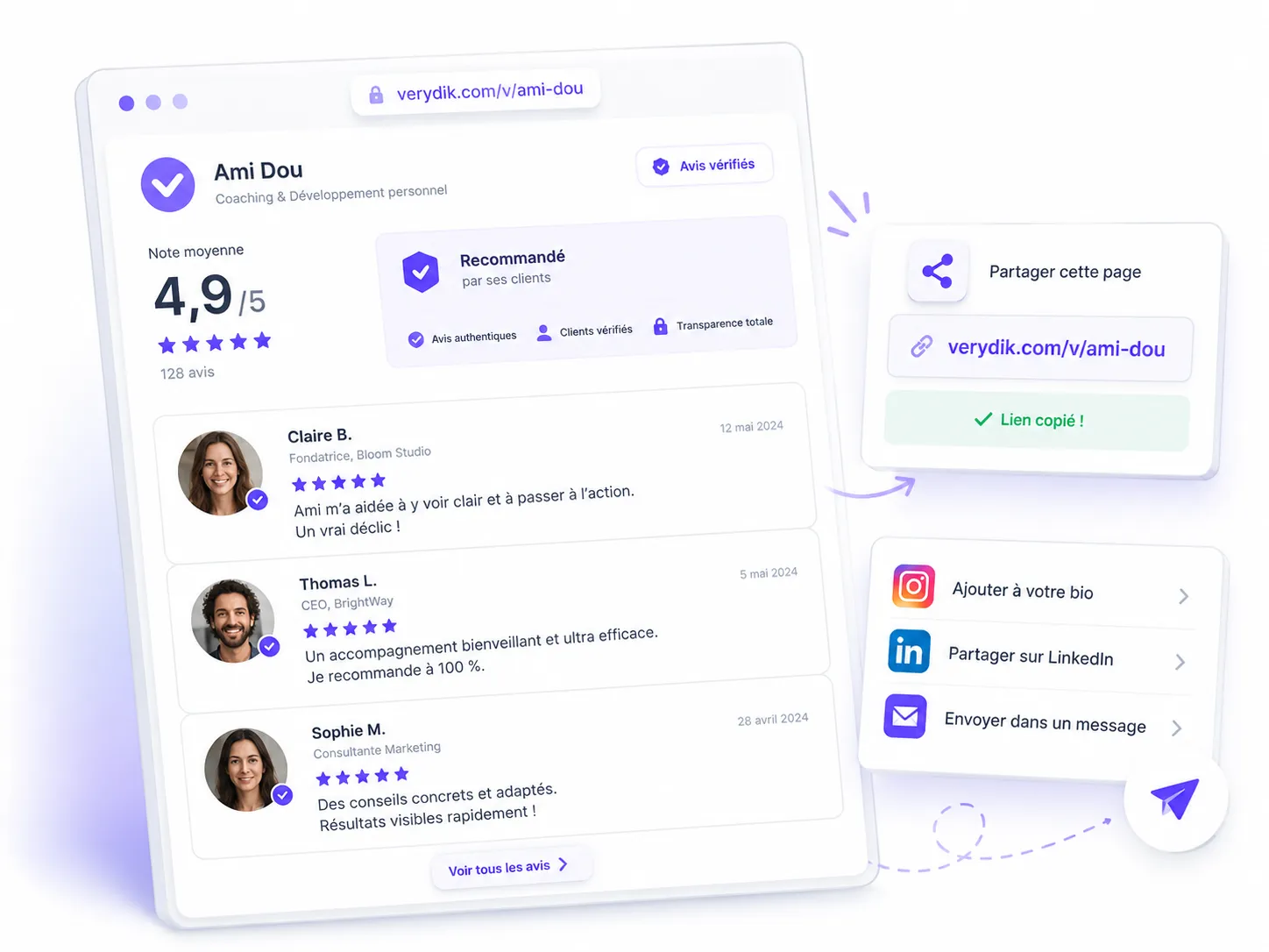 Vitrine publique Verydik avec note moyenne, avis vérifiés et options de partage du lien sur les réseaux